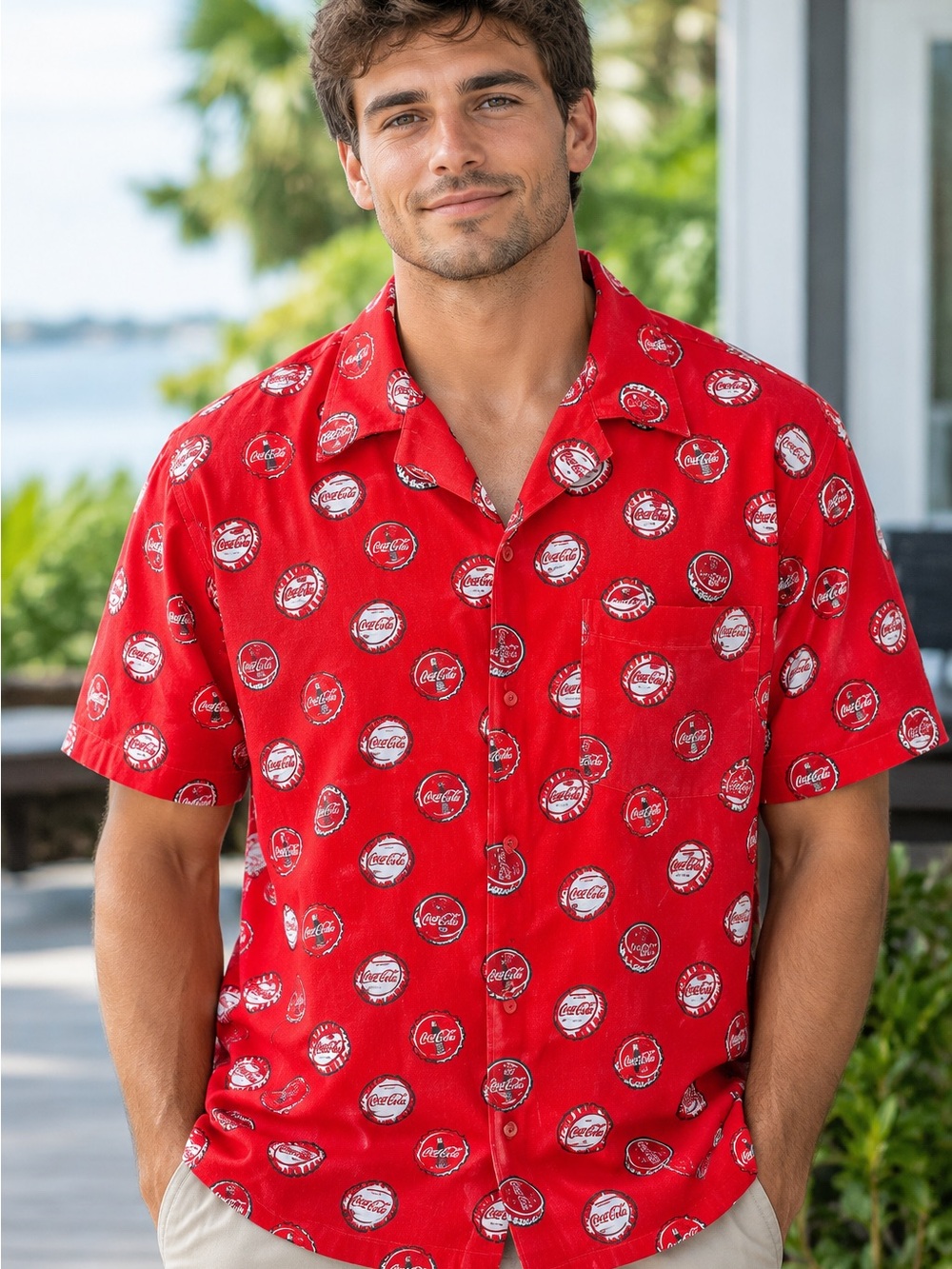 Coca Cola Red Short-Sleeve Button-Down Shirt with Bottle Cap Motif